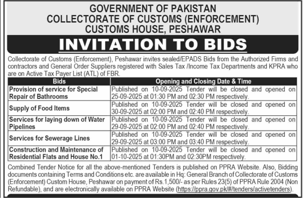 Custom Department Peshawar Tender Notice